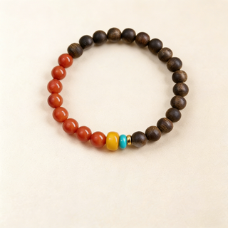 Brunei Agarwood Bracelet with Red Agate & Amber – Natural Wood & Fire Element Balance Bracelet
