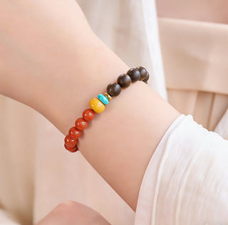 Brunei Agarwood Bracelet with Red Agate & Amber – Natural Wood & Fire Element Balance Bracelet