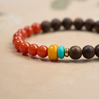 Brunei Agarwood Bracelet with Red Agate & Amber – Natural Wood & Fire Element Balance Bracelet
