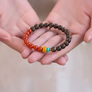 Brunei Agarwood Bracelet with Red Agate & Amber – Natural Wood & Fire Element Balance Bracelet